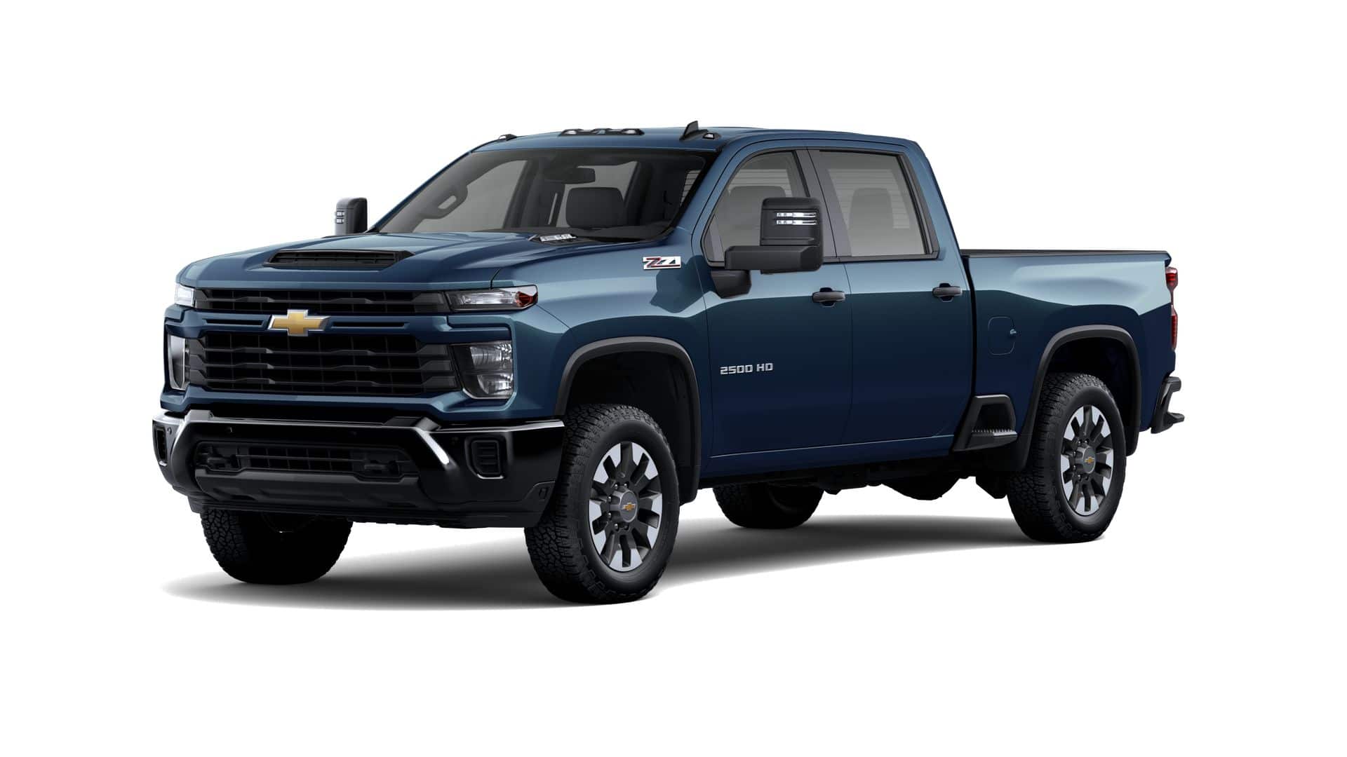 2026 Chevrolet Silverado 2500HD Custom in Lakeshore Blue Metallic — front three-quarter view